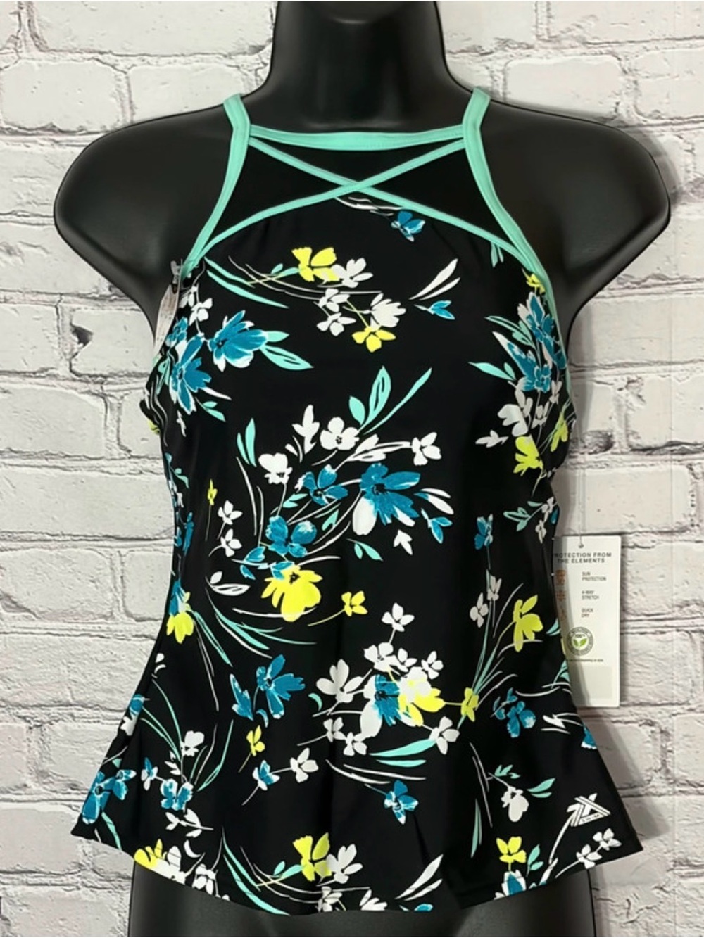 NWT ZeroXposur Windowpane Floral Tankini Top XS (6) Black Aqua UPF Sun Smart